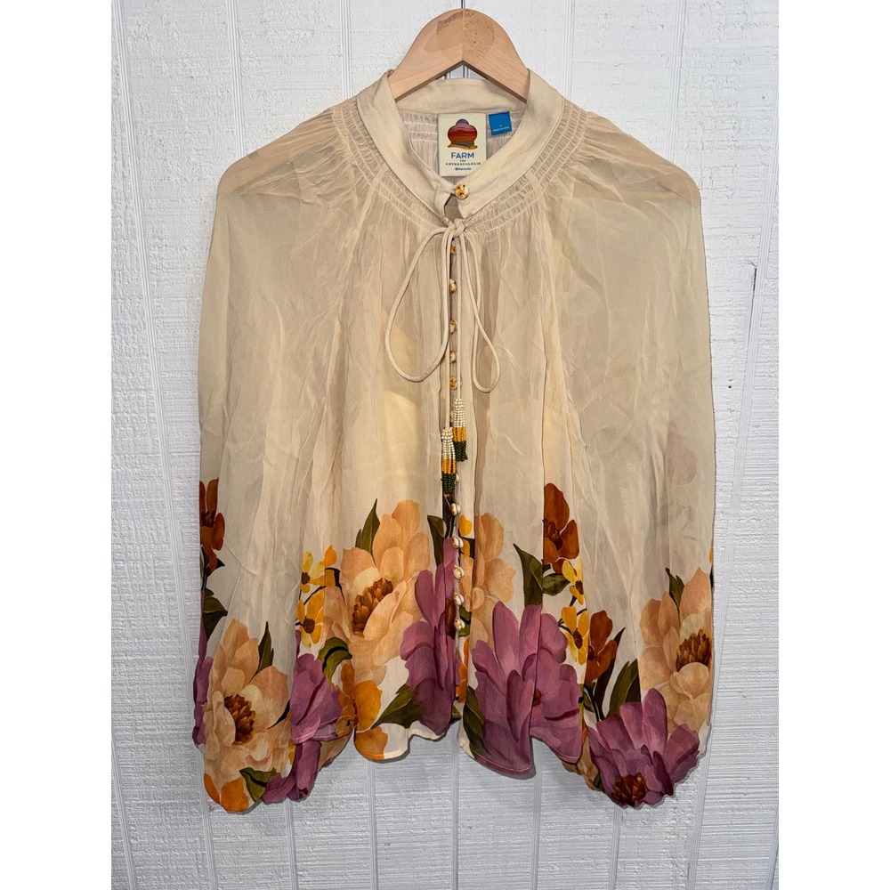 Farm Rio Anthropologie Blouse Womens Small Cream Floral Beaded Tassel Boho S